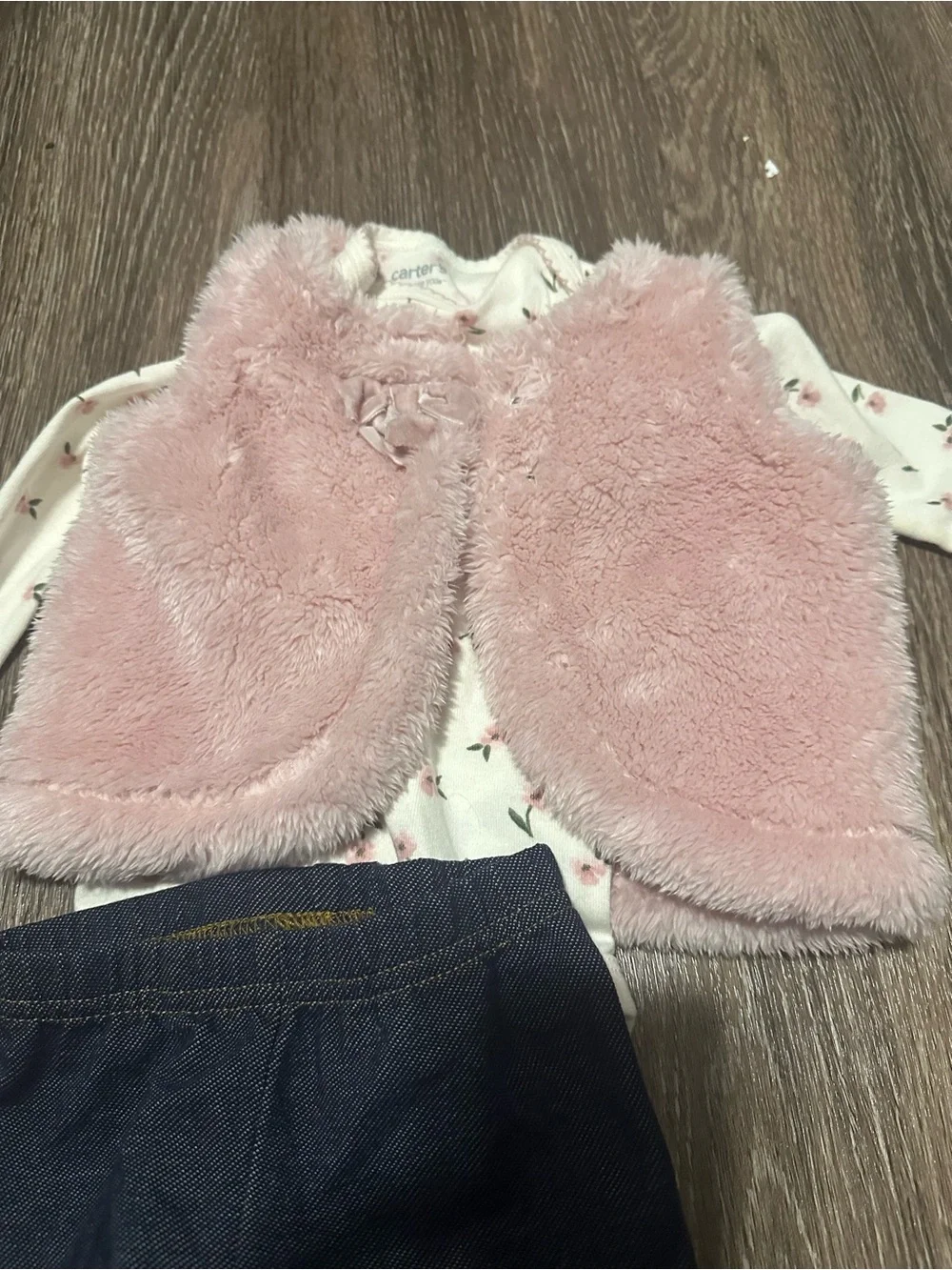 Carter's Pink Faux Fur Vest & Floral Tee Set with Denim-Look Pants